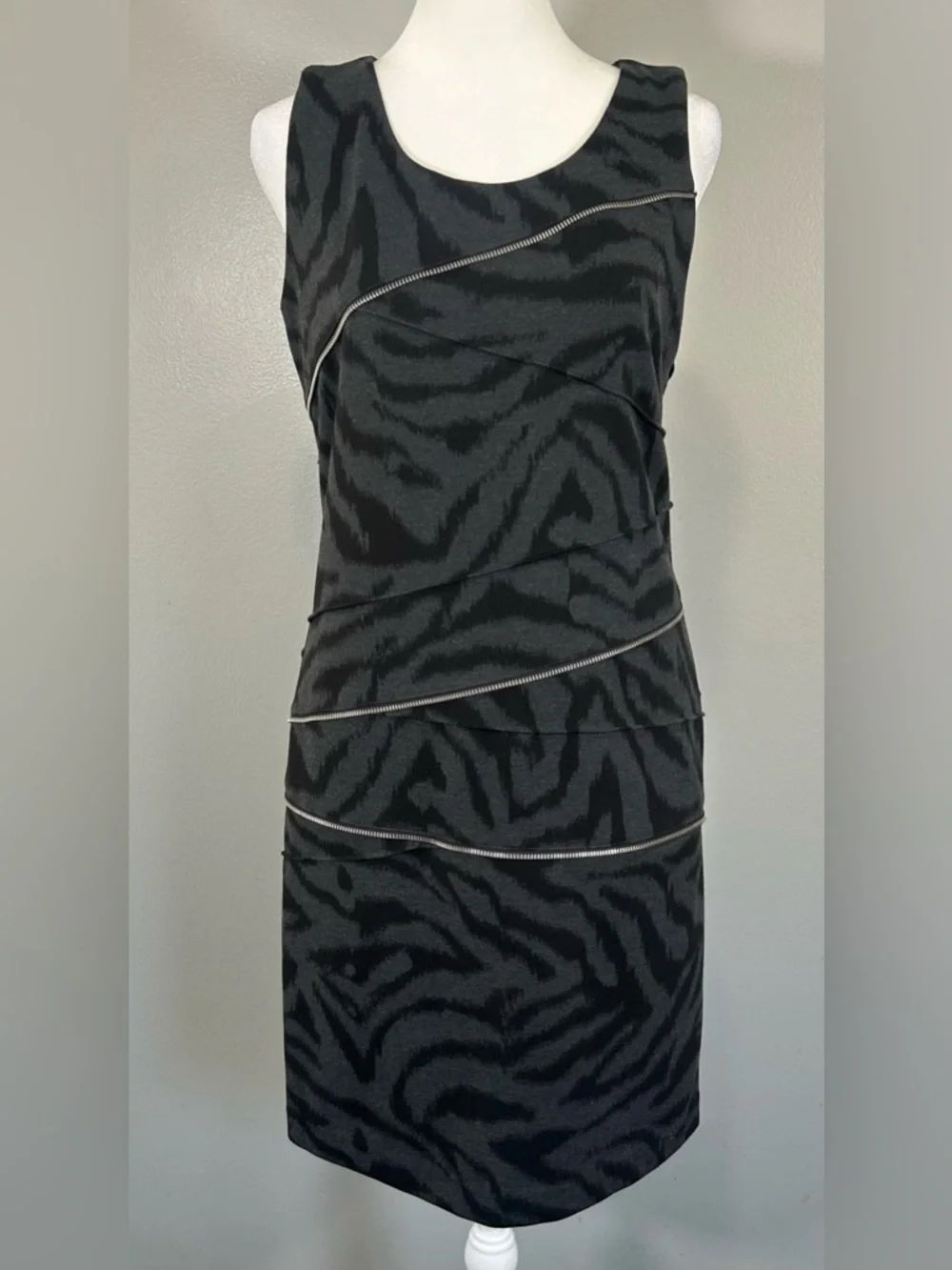 Michael Kors Sleeveless Dress Zipper Accents Zebra Animal Print Edgy